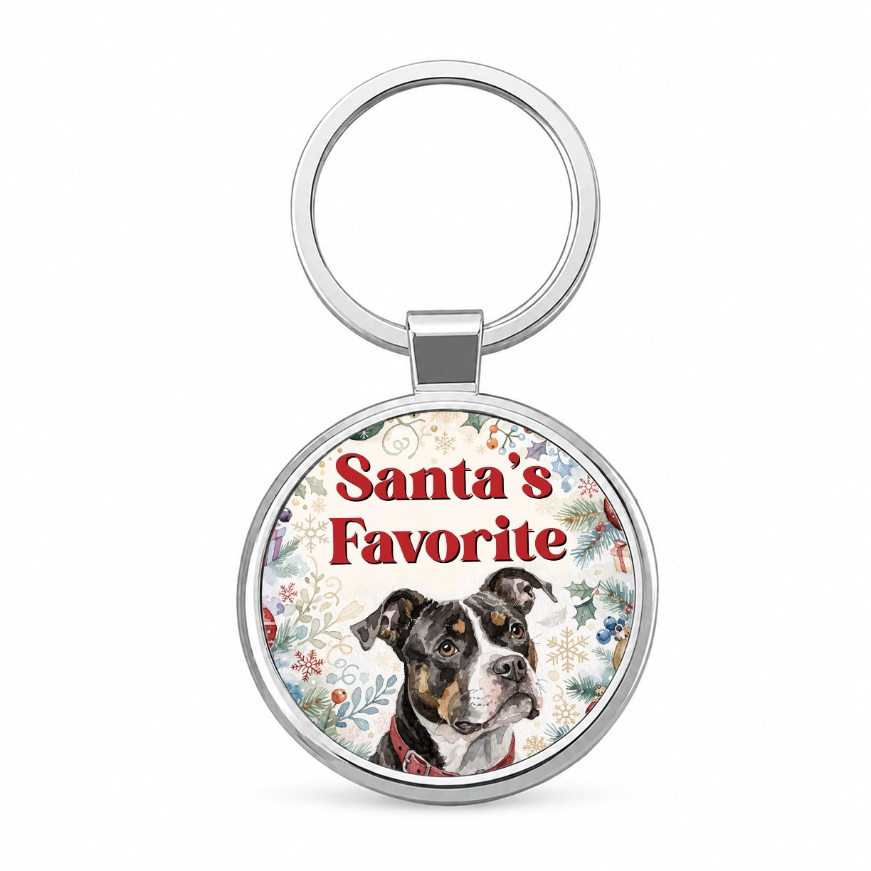 Pit Bull Mix Dog Christmas Santa's Favorite Round Metal Keychain