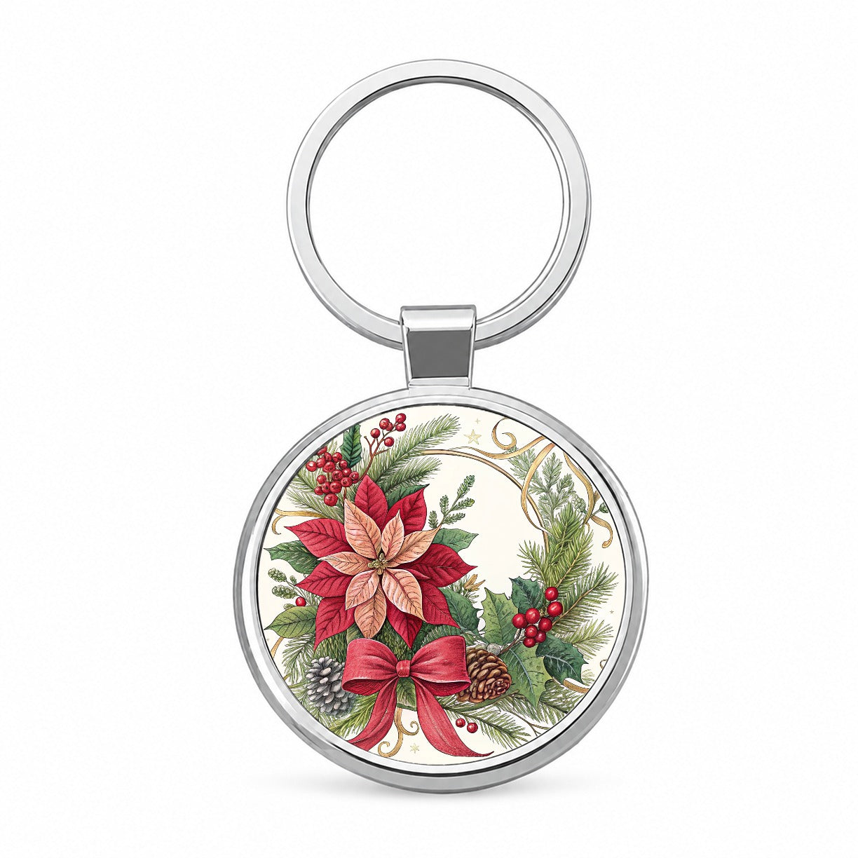 Poinsettias Holly Berries Christmas Round Metal Keychain