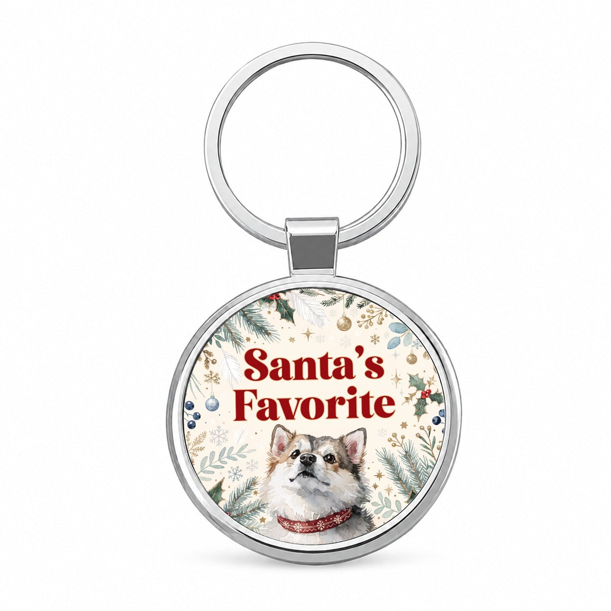Pomsky Dog Christmas Santa's Favorite Round Metal Keychain