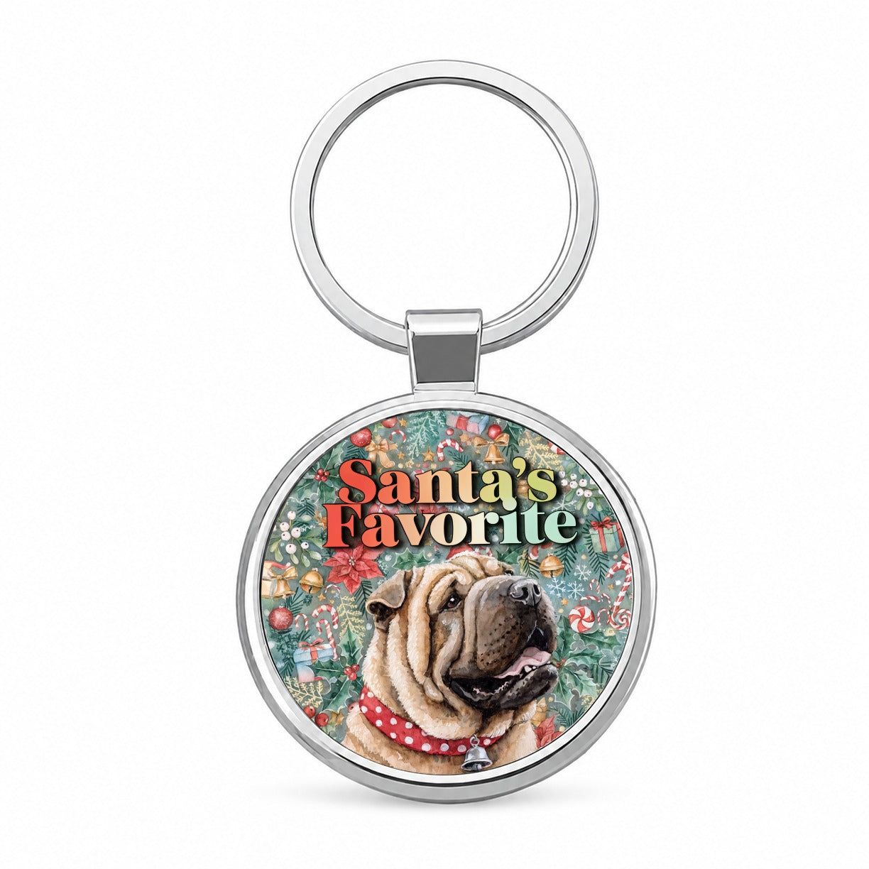 Shar Pei Dog Christmas Santa's Favorite Round Metal Keychain