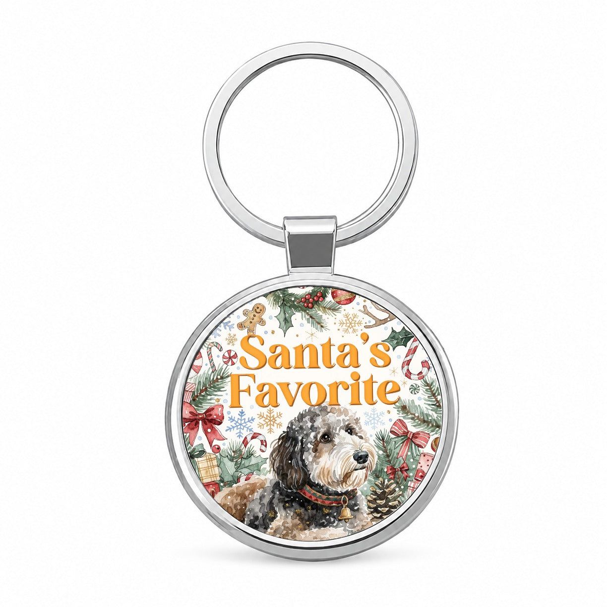 Sheepadoodle Dog Christmas Santa's Favorite Round Metal Keychain