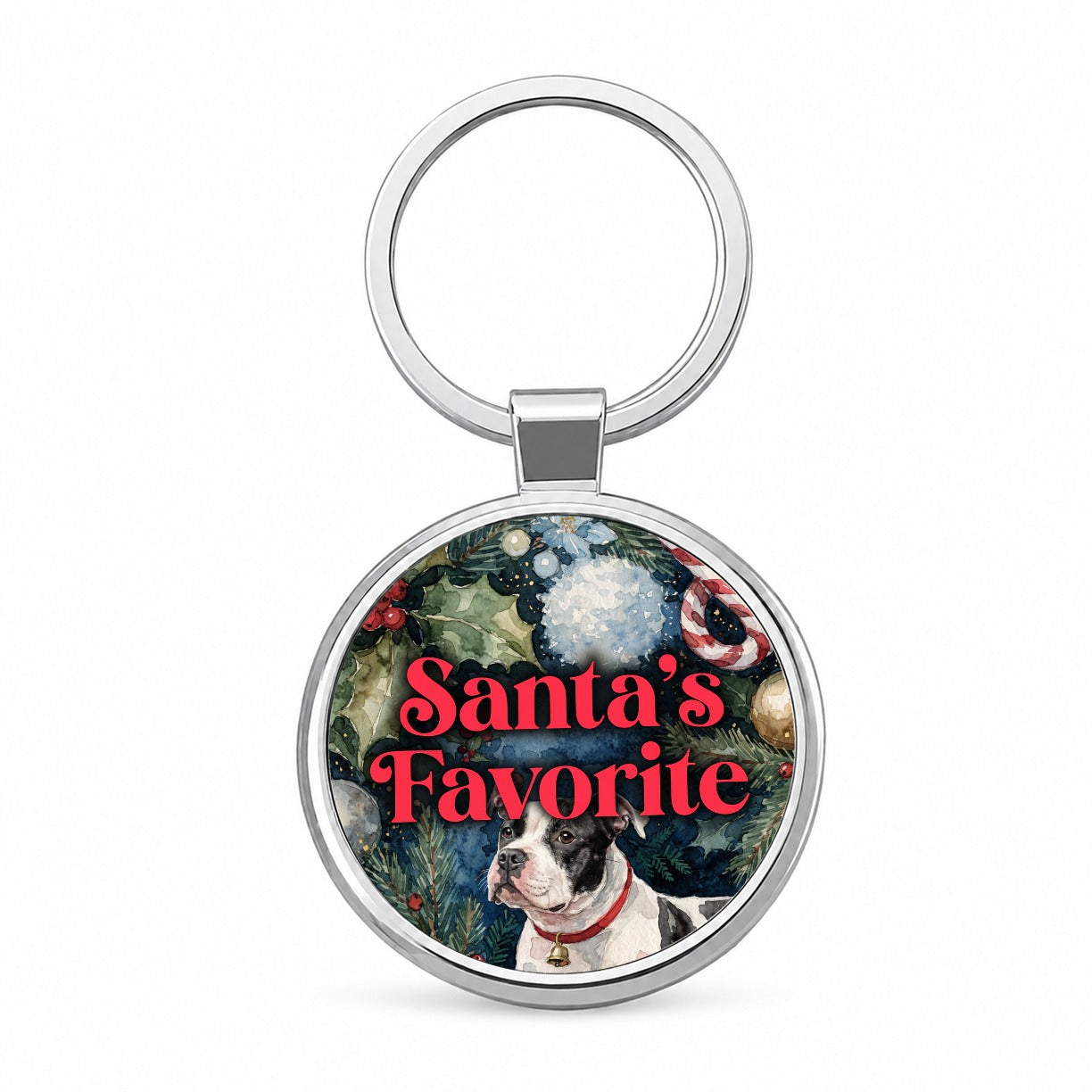 Staffordshire Bull Terrier Dog Christmas Santa's Favorite Round Metal Keychain