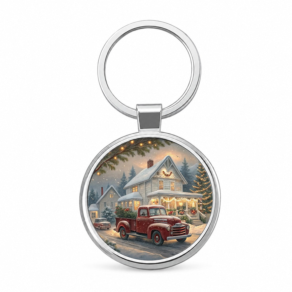 Vintage Americana Christmas Red Truck Round Metal Keychain