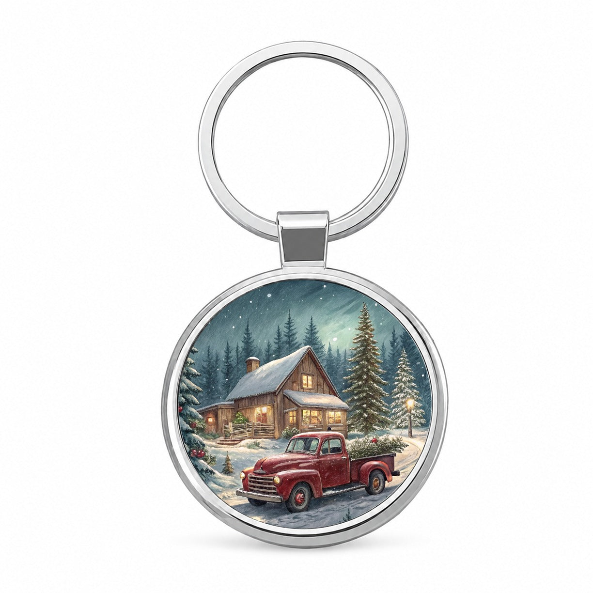 Vintage Americana Christmas Tree In Red Truck Round Metal Keychain