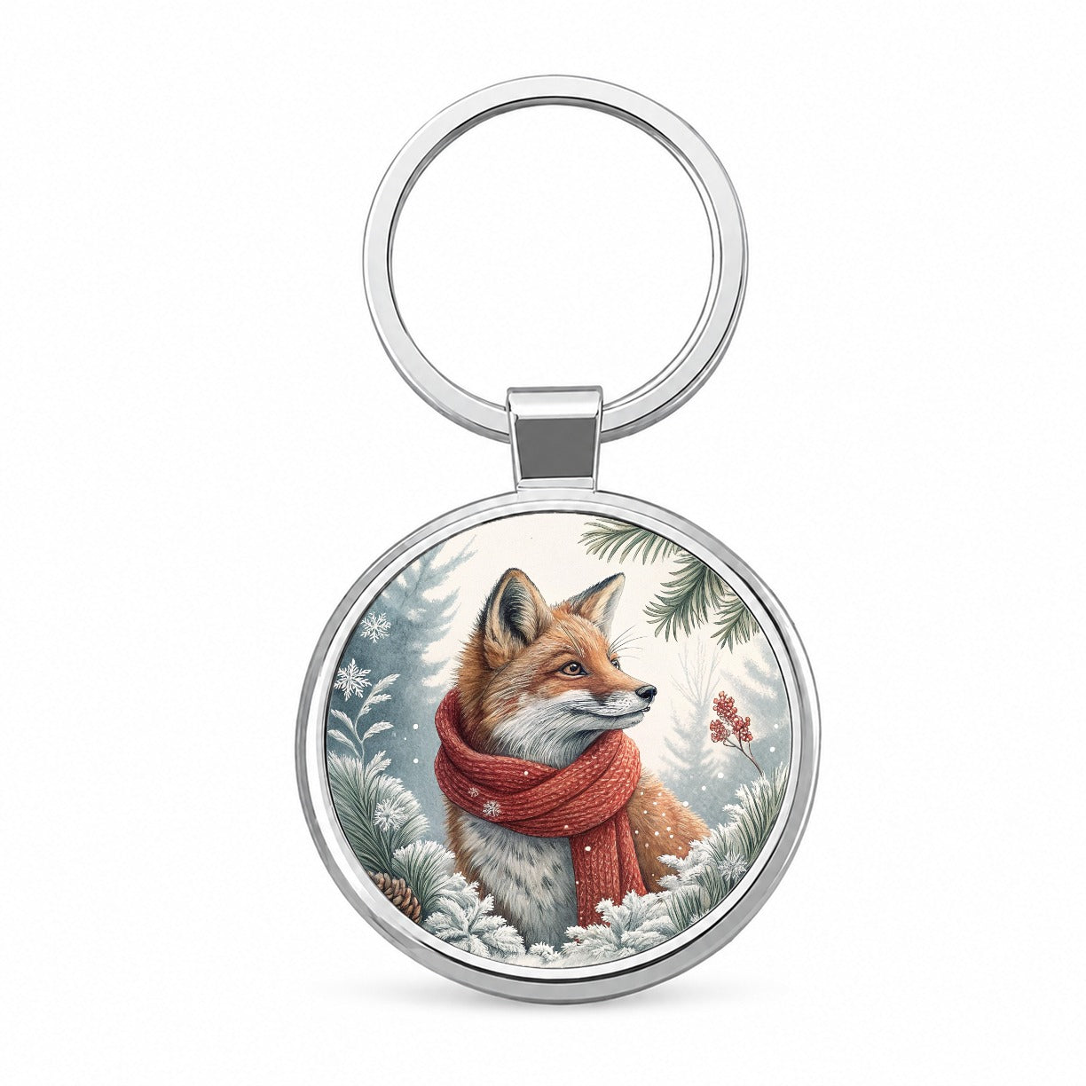 Winter Fox With Scarf Christmas Round Metal Keychain