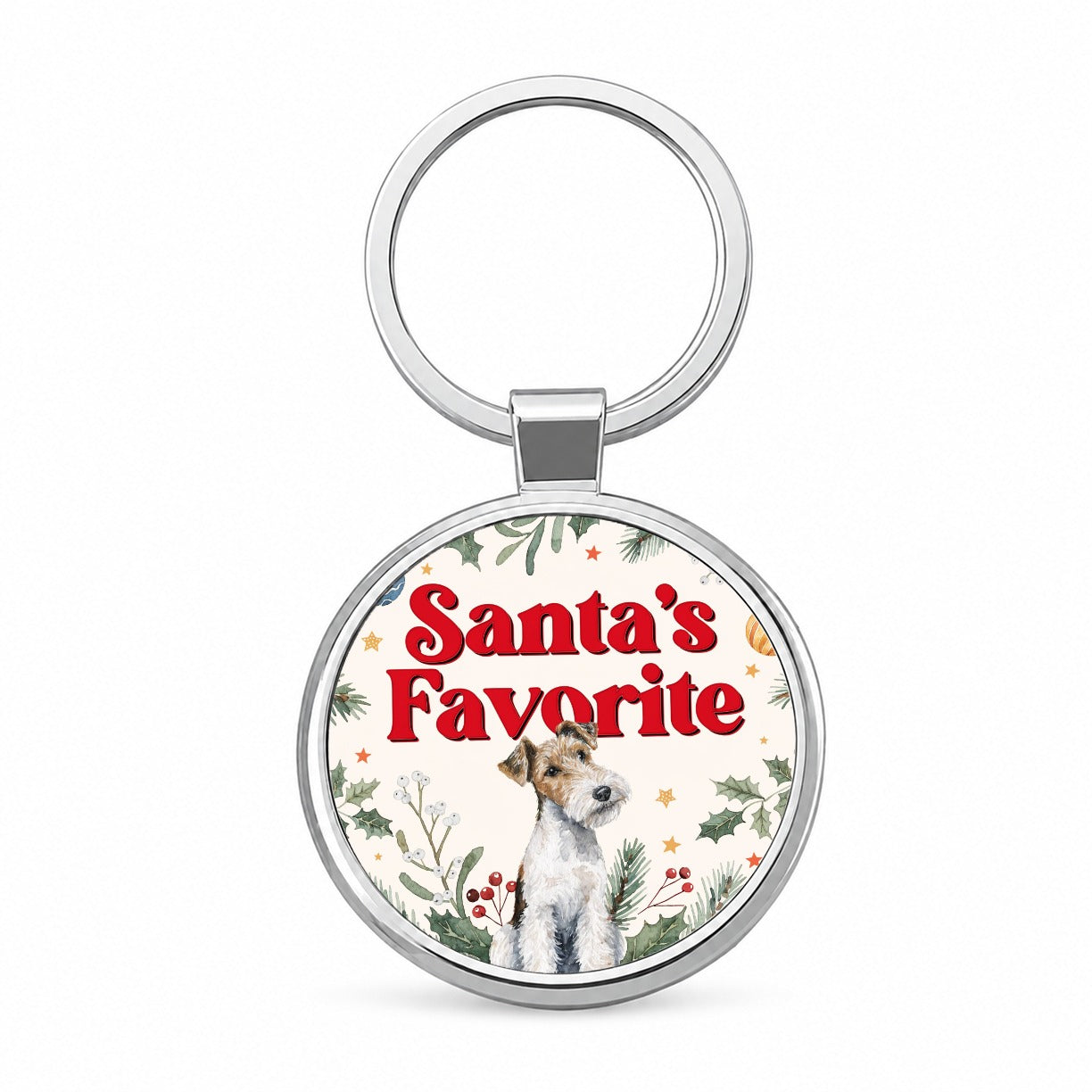 Wire Fox Terrier Dog Christmas Santa's Favorite Round Metal Keychain