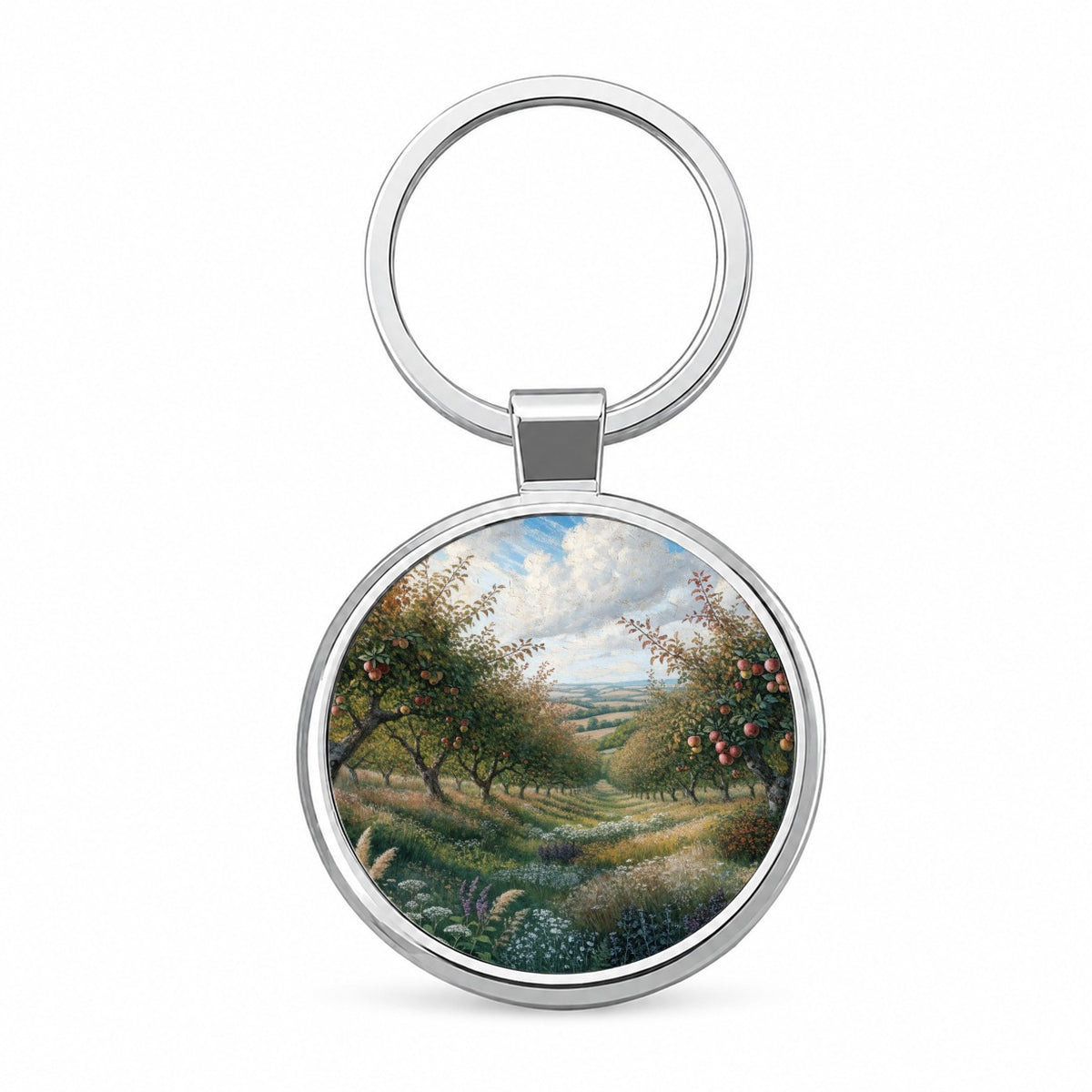 Apple Orchard Country Illustration Round Metal Keychain