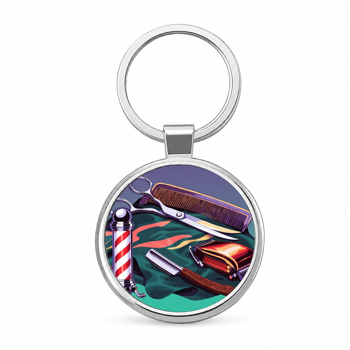 Barber Barbershop Tools Round Metal Keychain