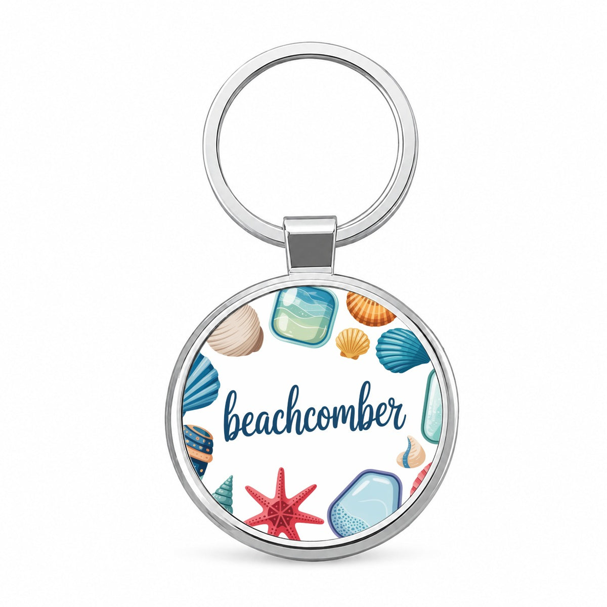 Beachcomber Seashells Sea Glass Round Metal Keychain