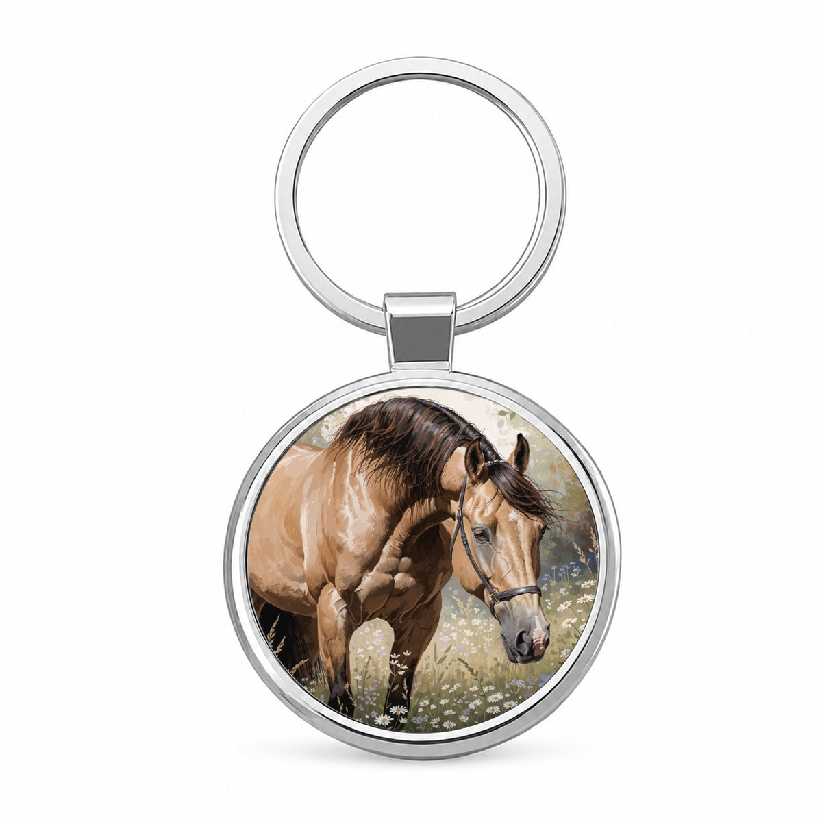 Beautiful Horse Wildflowers Round Metal Keychain