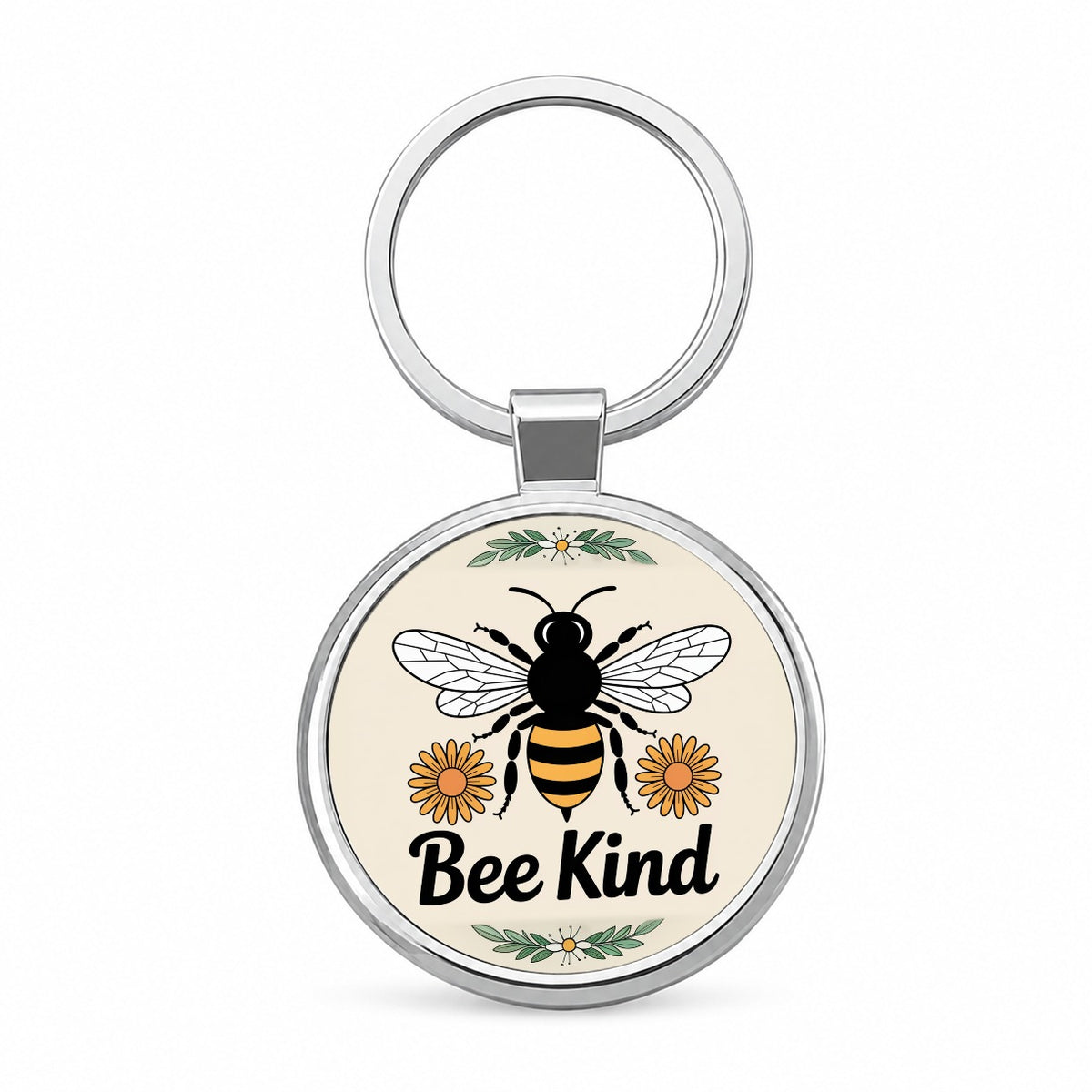 Bee Kind Honeybee Daisies Round Metal Keychain