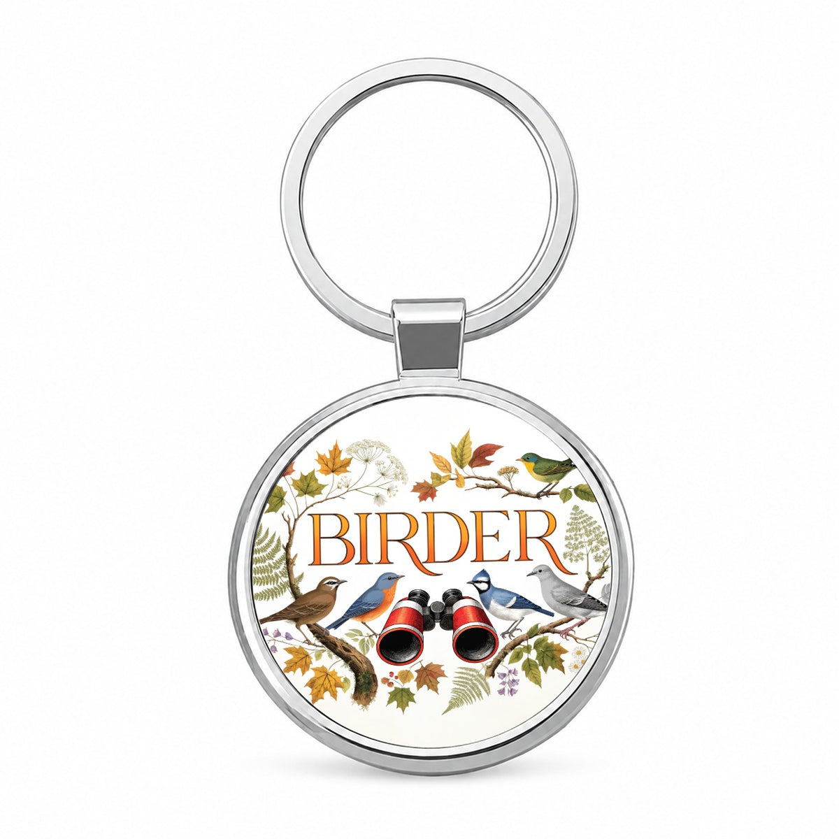Birder Birdwatching Binoculars Round Metal Keychain