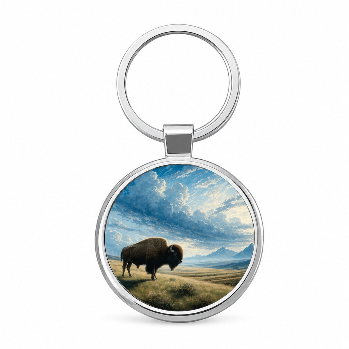 Bison Prairie Landscape Round Metal Keychain