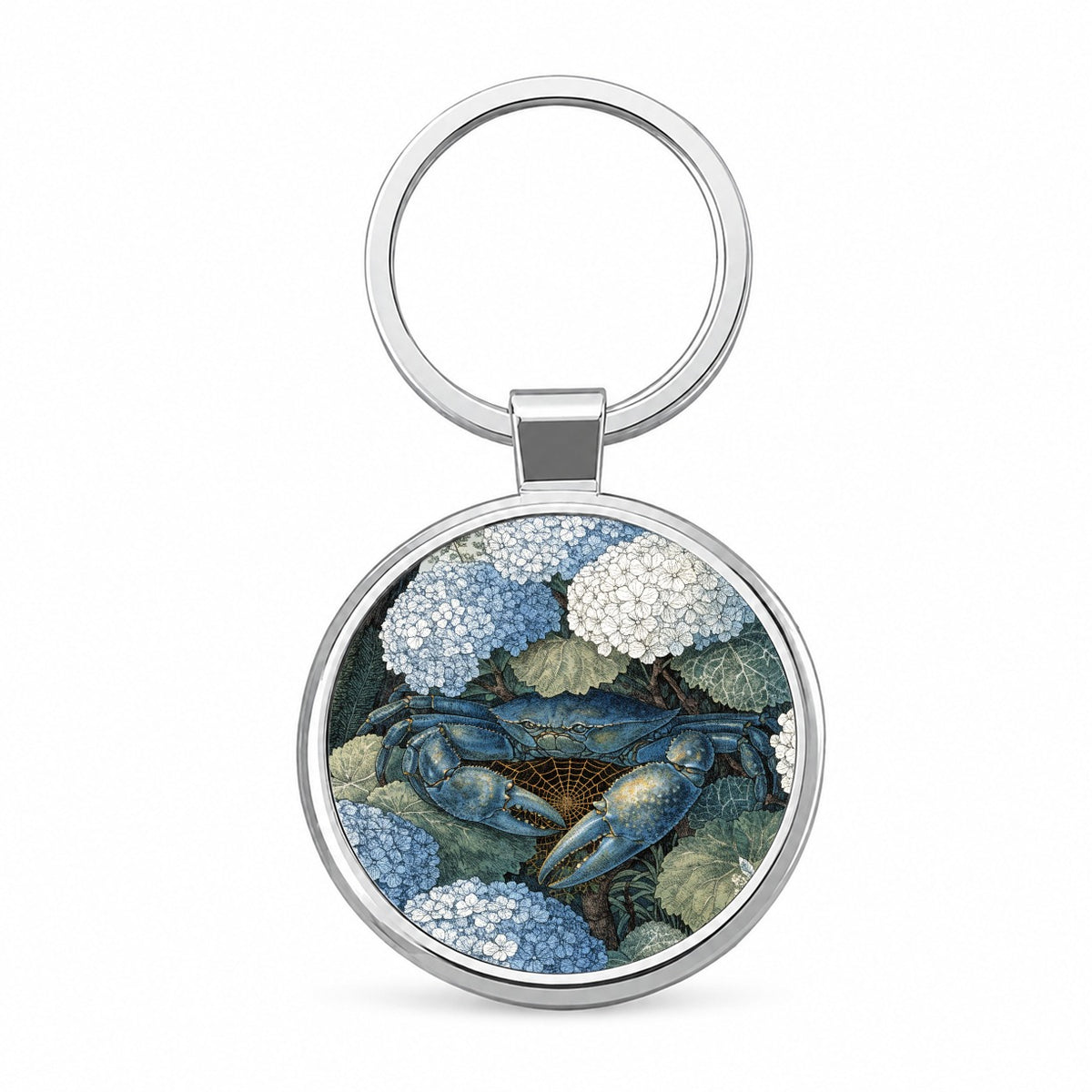 Blue Crab Hydrangea Garden Round Metal Keychain