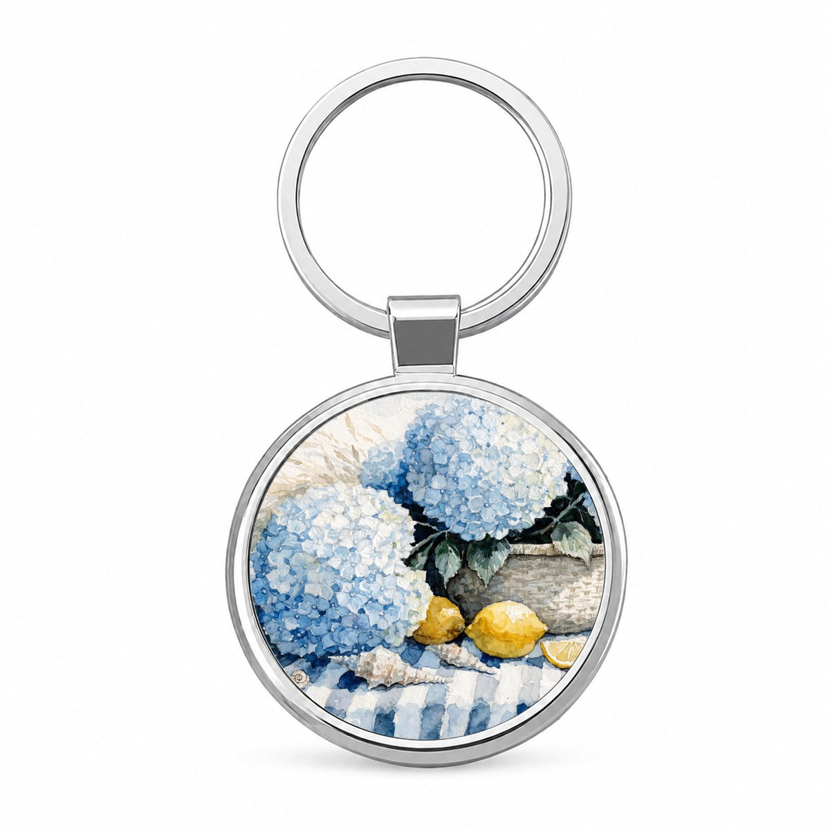 Blue Hydrangeas Seashells Lemons Coastal Round Metal Keychain