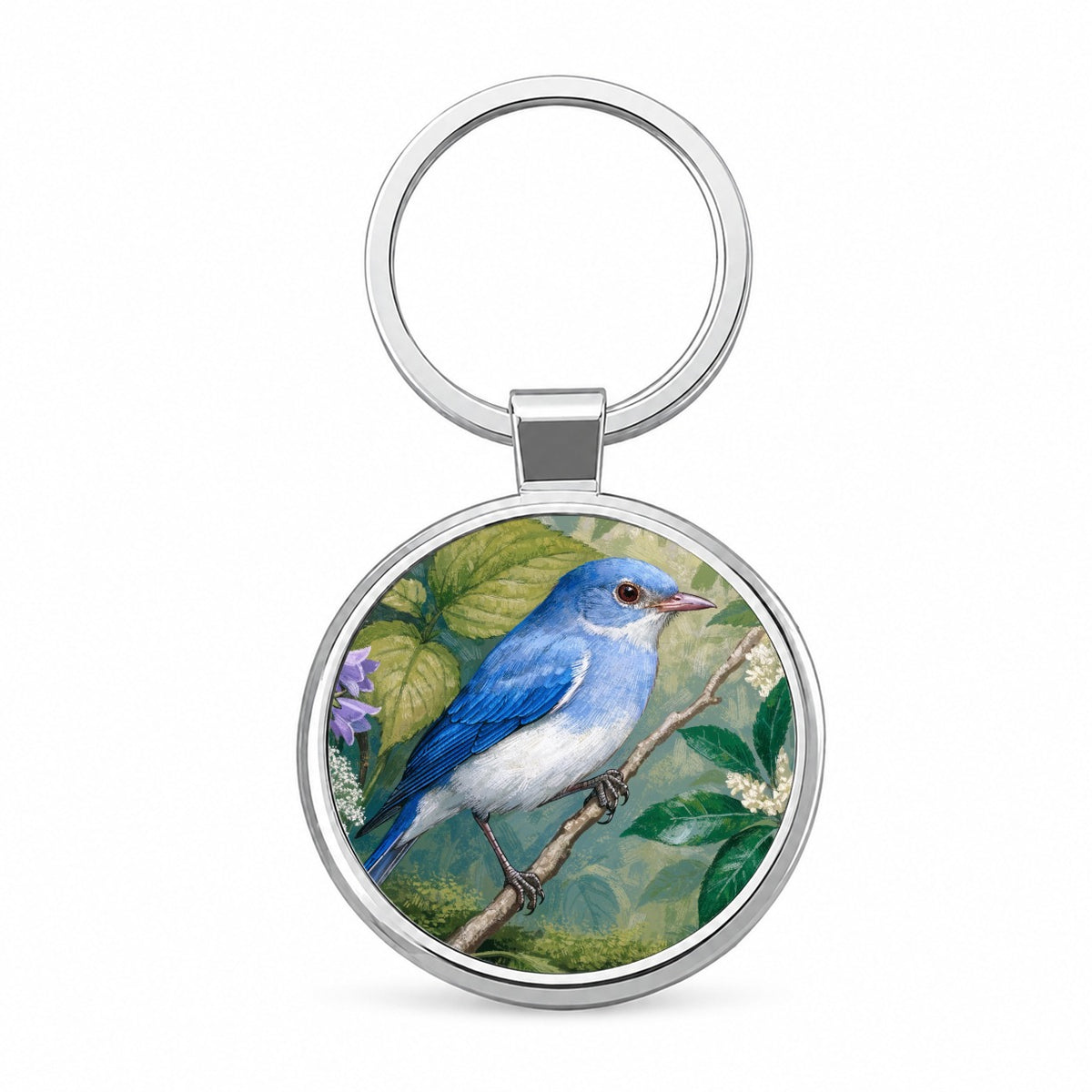 Bluebird Spring Wildflowers Round Metal Keychain