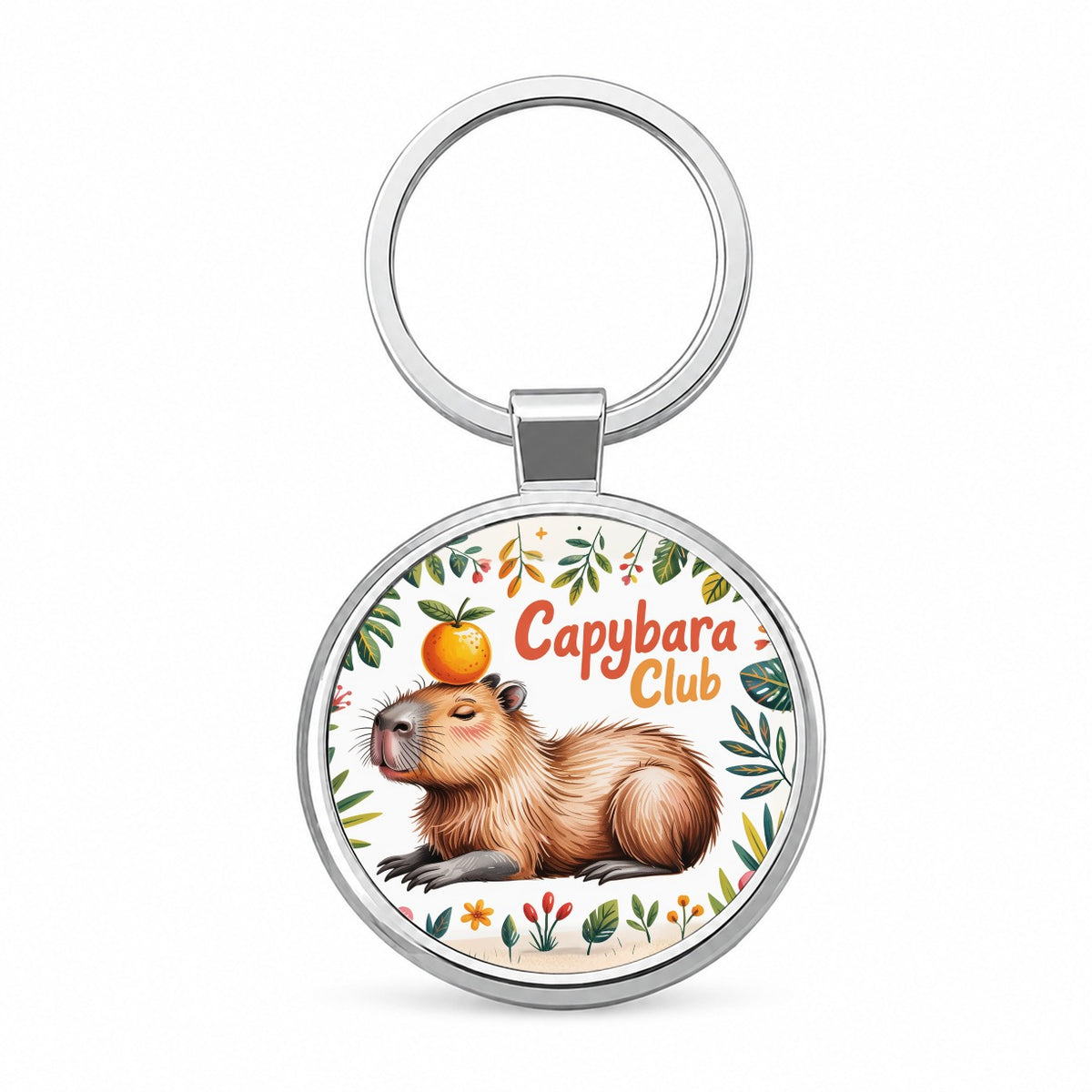 Capybara Club Whimsical Round Metal Keychain