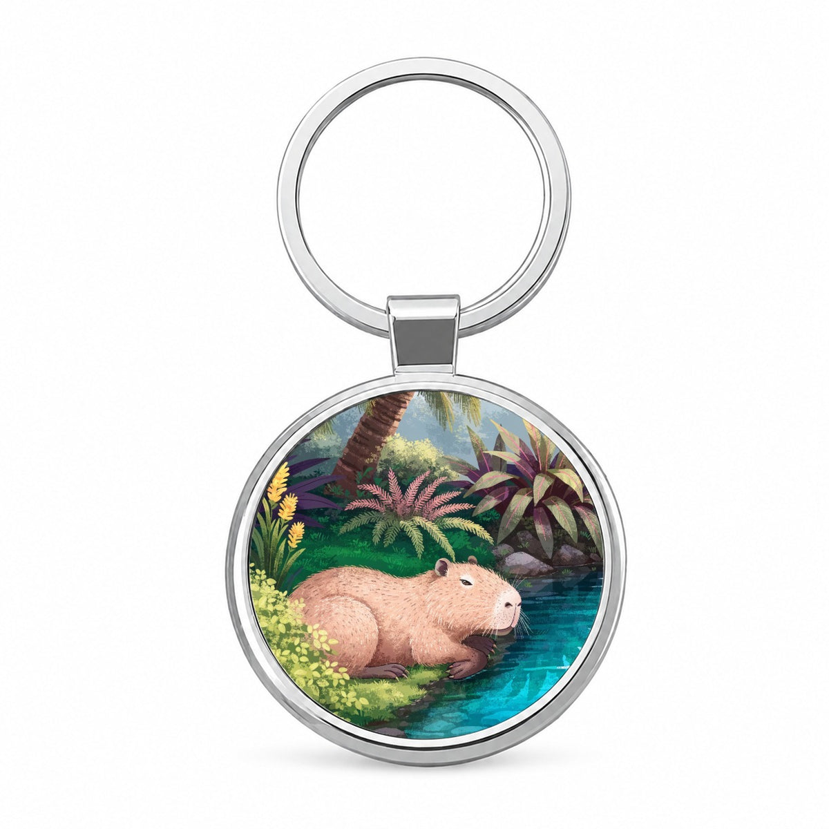 Capybara Tropical Pond Round Metal Keychain