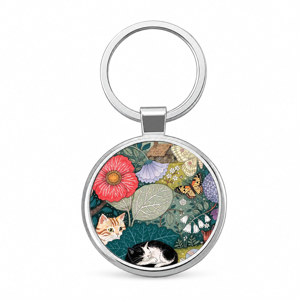 Cats In Garden Round Metal Keychain