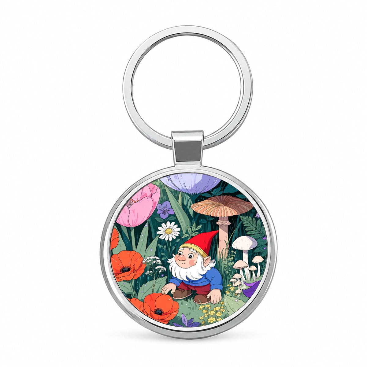 Charming Gnome Flower Garden Round Metal Keychain