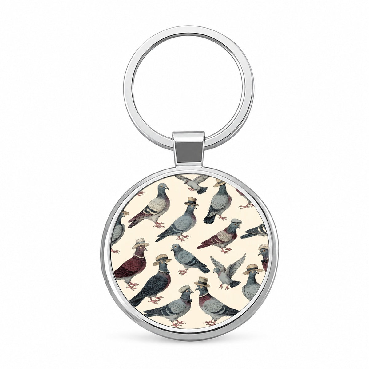 Charming Pigeons Wearing Hat Round Metal Keychain
