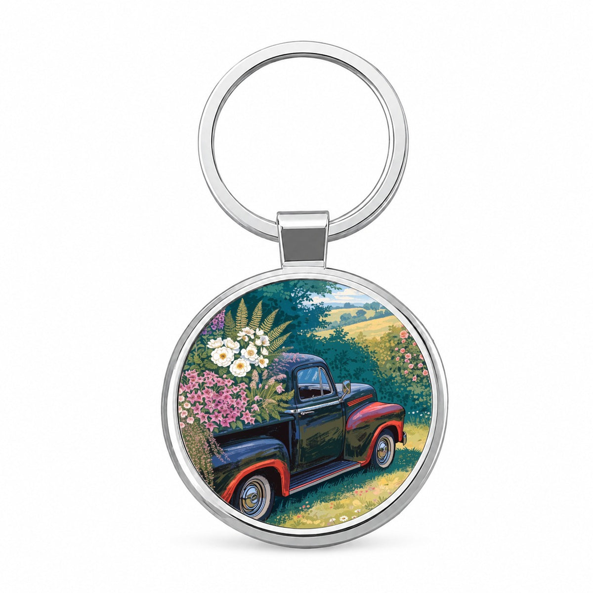 Charming Vintage Flower Pickup Truck Round Metal Keychain