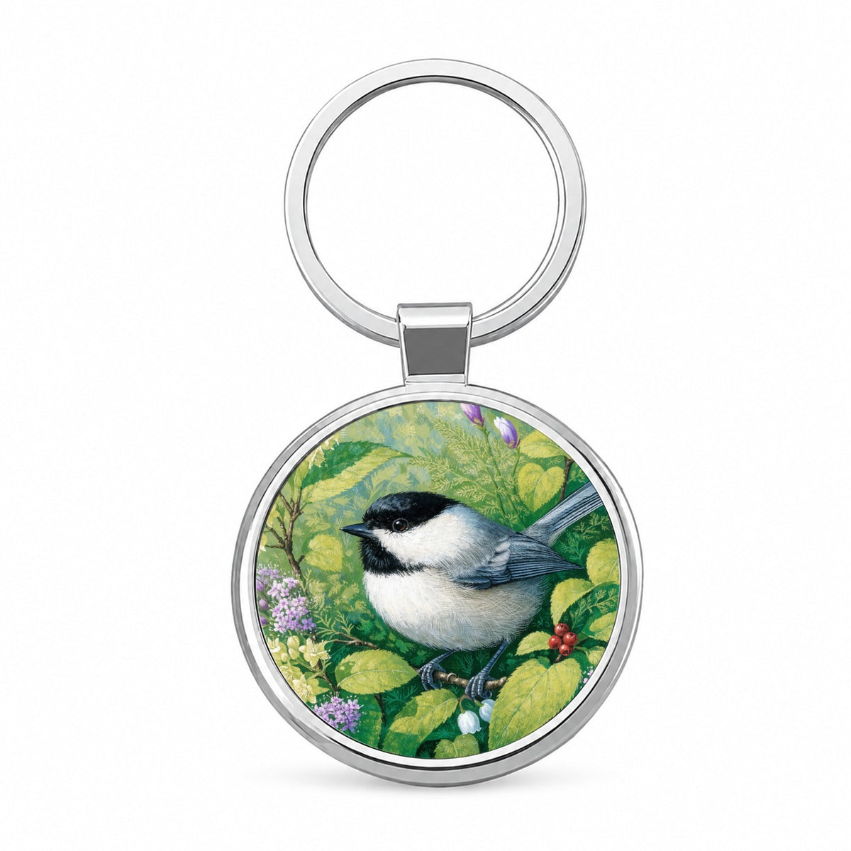 Chickadee Wildflower Garden Round Metal Keychain