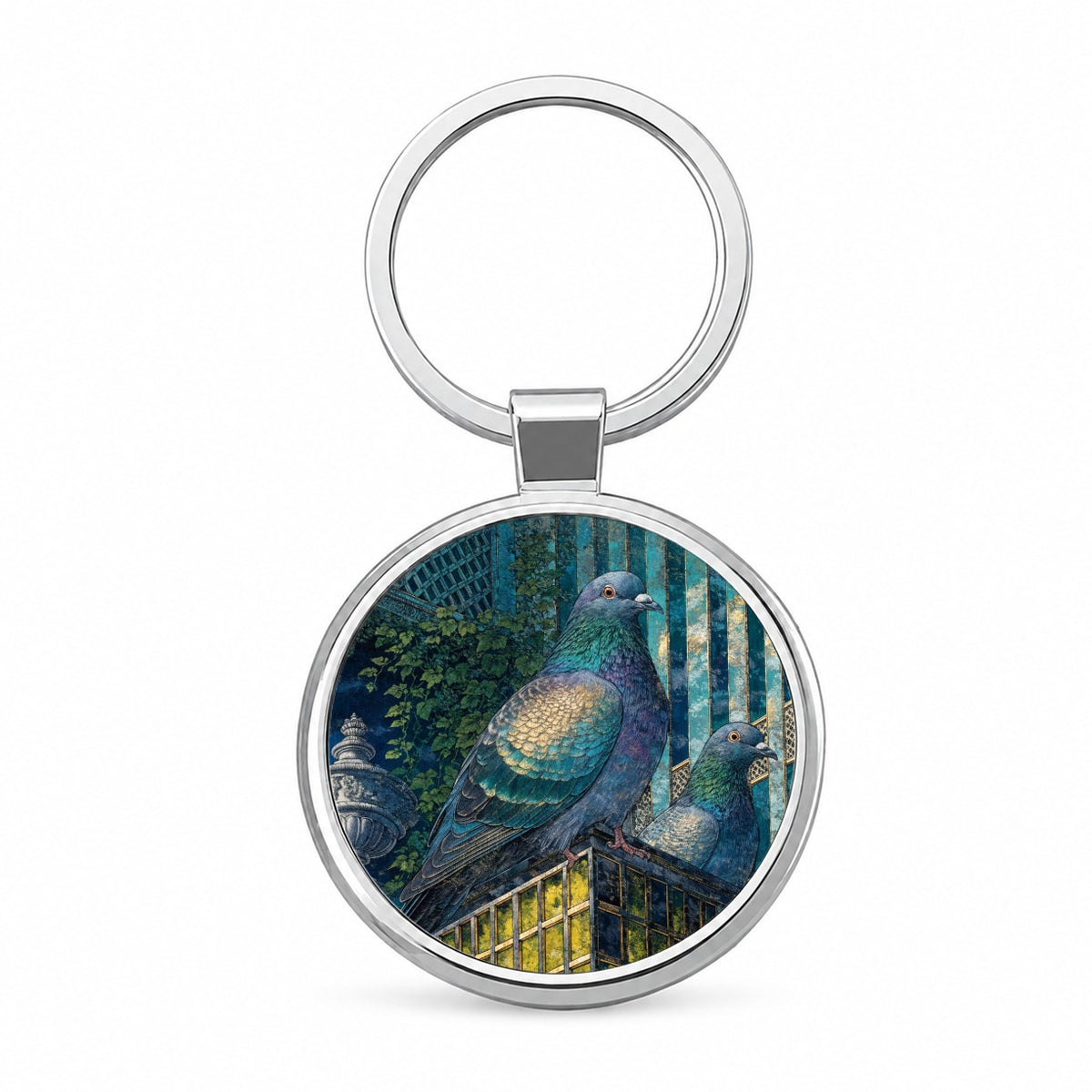 City Pigeons On A Roof Round Metal Keychain