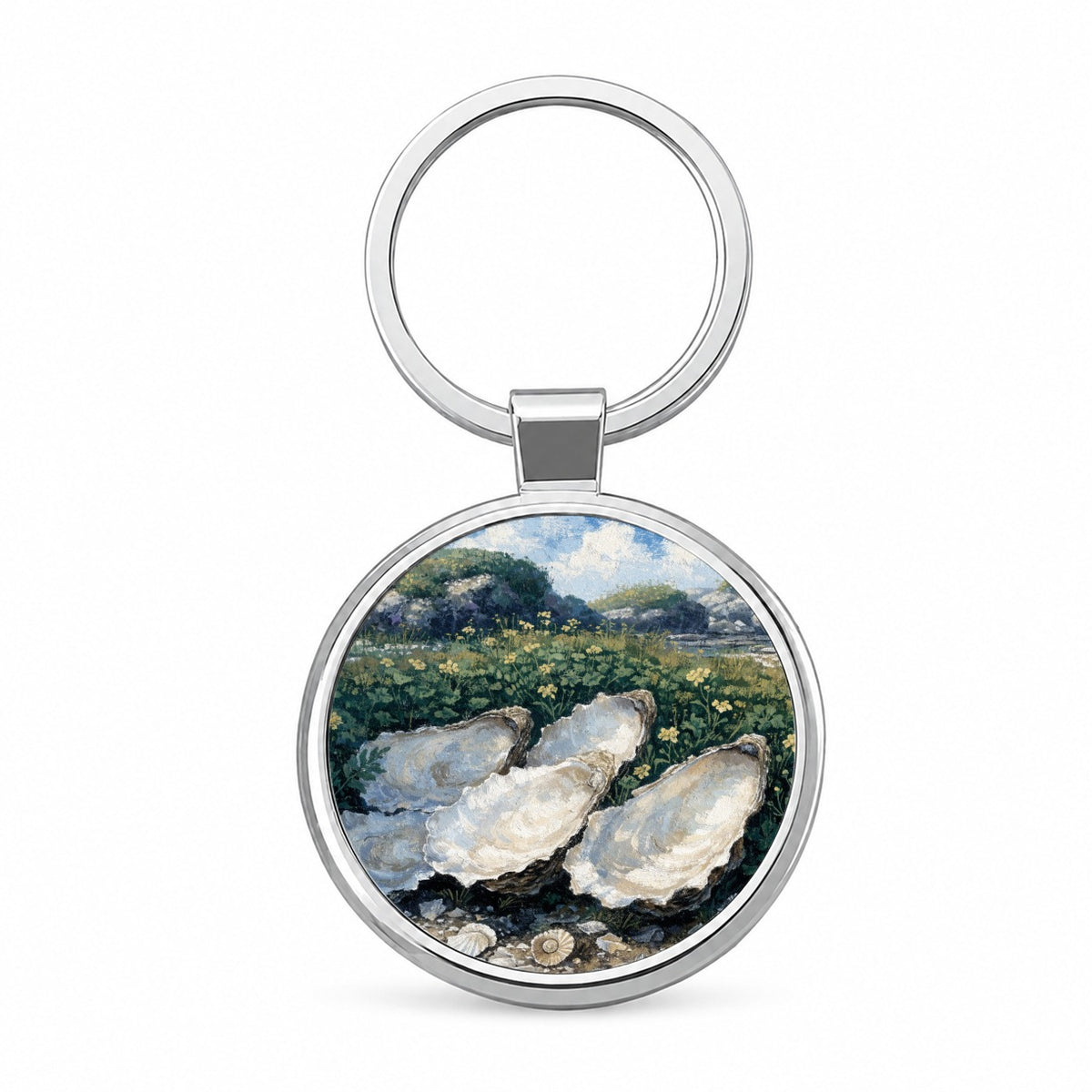 Coastal Oysters Shells Round Metal Keychain