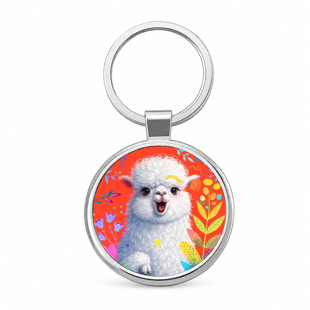 Colorful Alpaca Portrait Round Metal Keychain