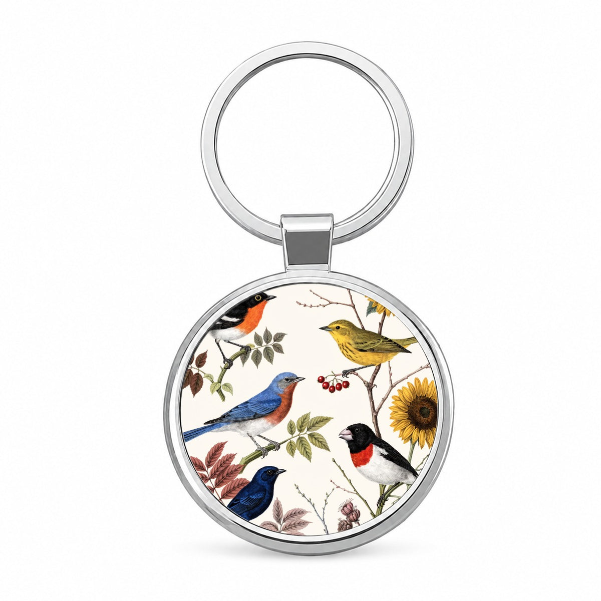 Colorful Backyard Songbirds Round Metal Keychain