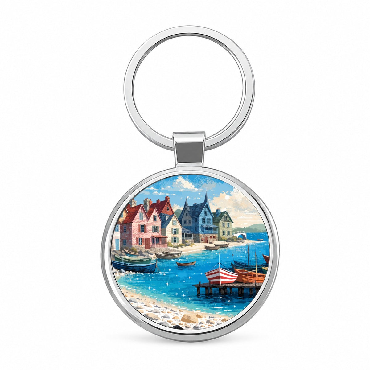 Colorful Coastal Fishing Village Round Metal Keychain