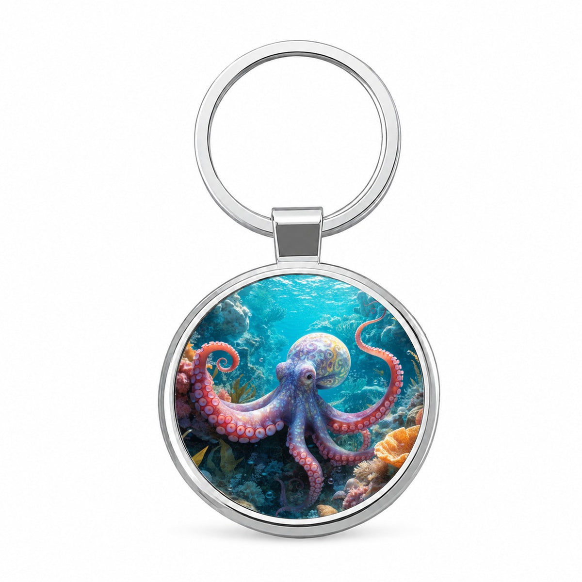 Colorful Octopus Reef Round Metal Keychain
