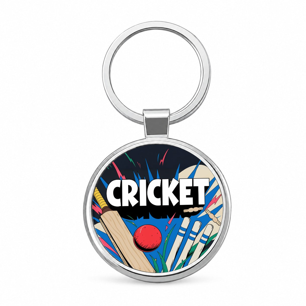 Cricket Bat Ball Wickets Round Metal Keychain