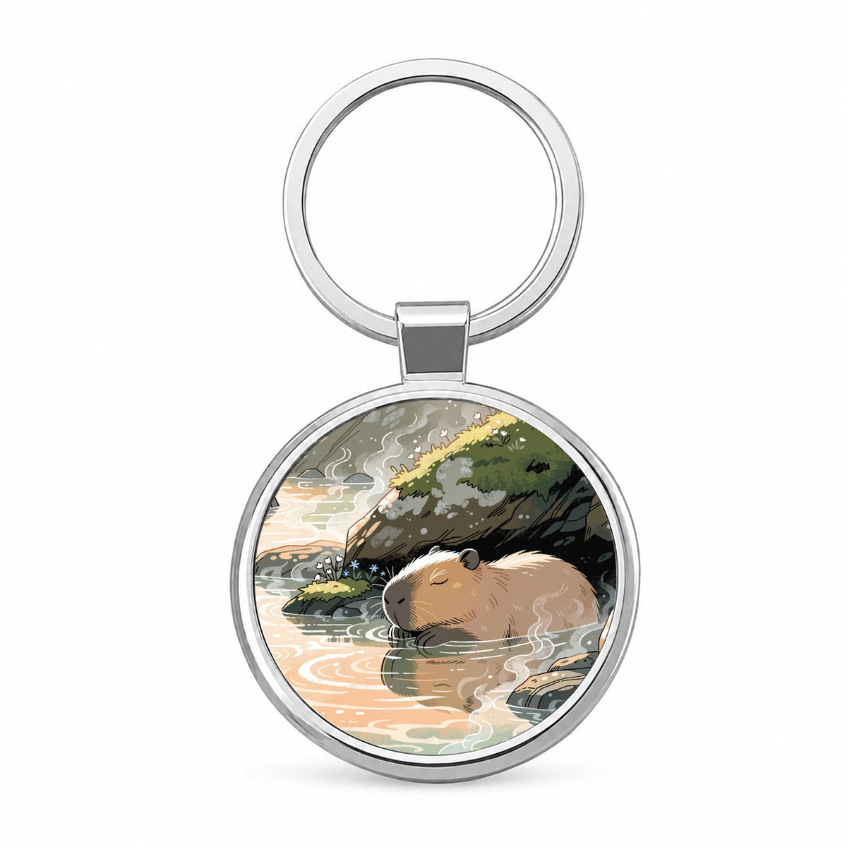 Cute Capybara Relaxing Round Metal Keychain