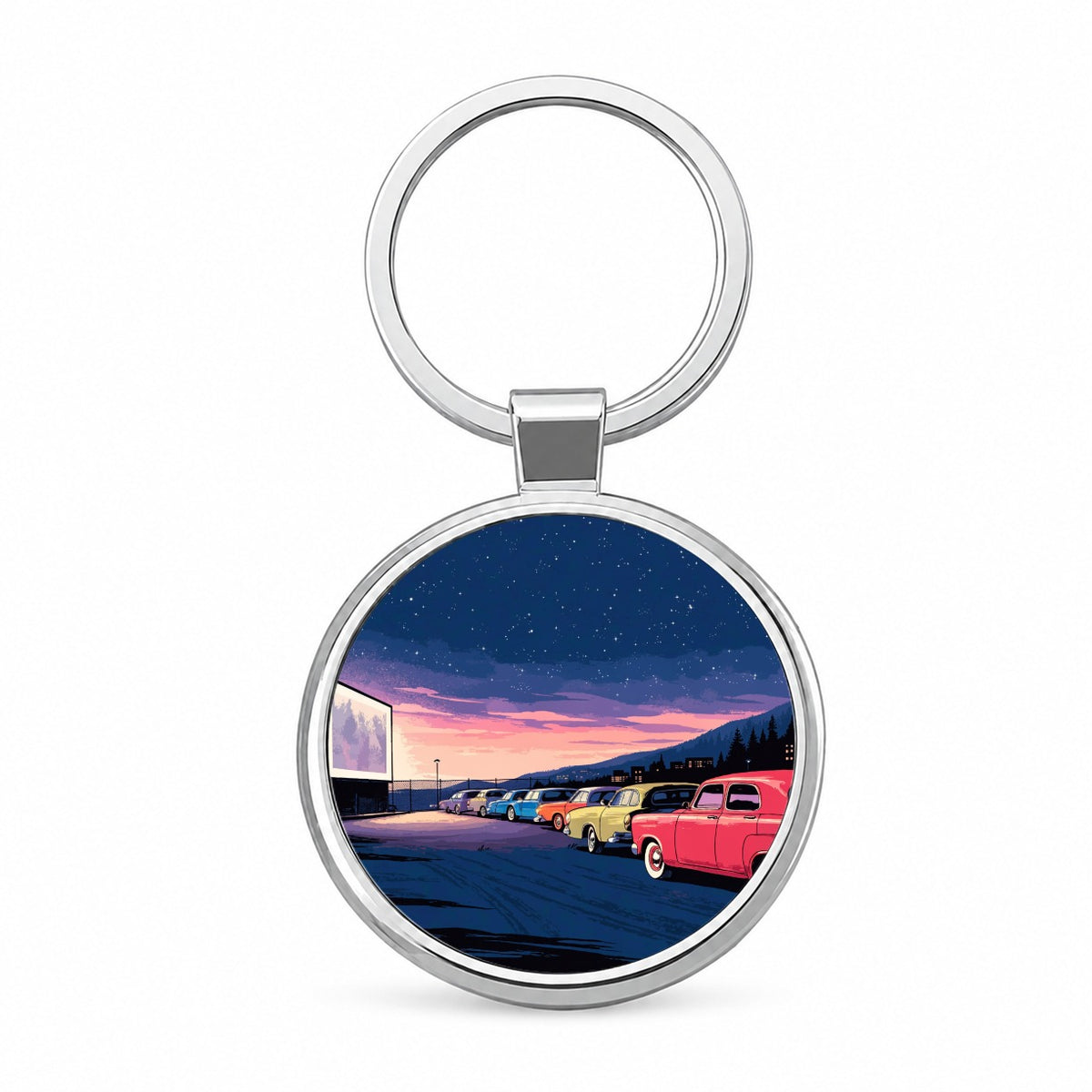 Drive-In Movie Night Round Metal Keychain