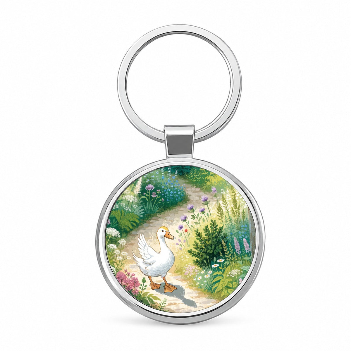 Duck Cottage Garden Round Metal Keychain