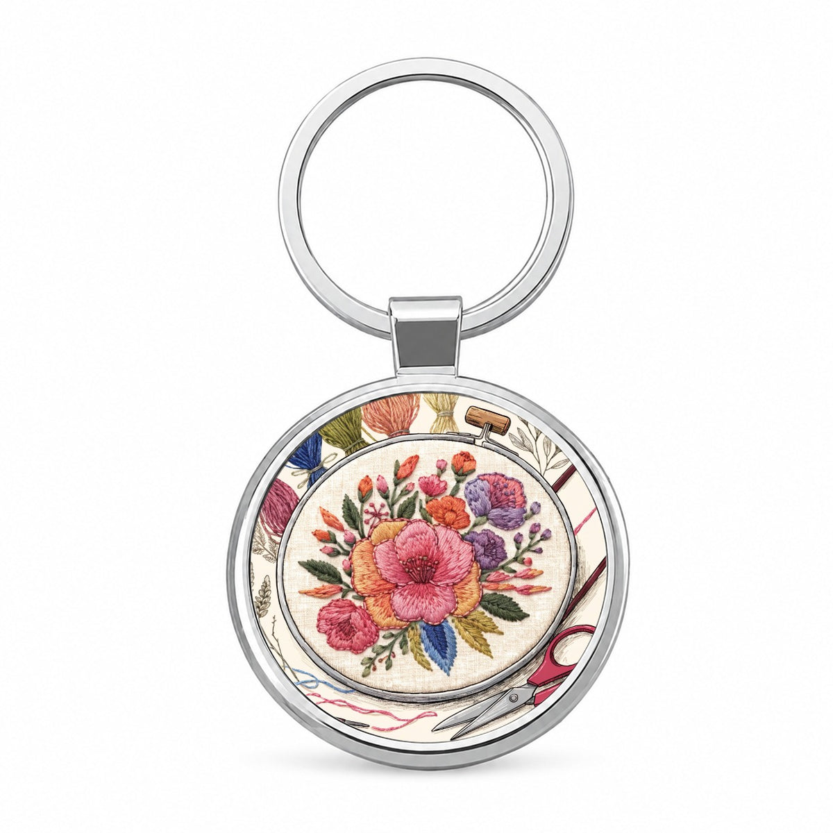 Embroidery Floral Hoop Round Metal Keychain