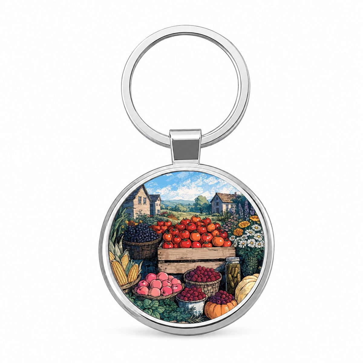 Farm Stand Garden Harvest Round Metal Keychain