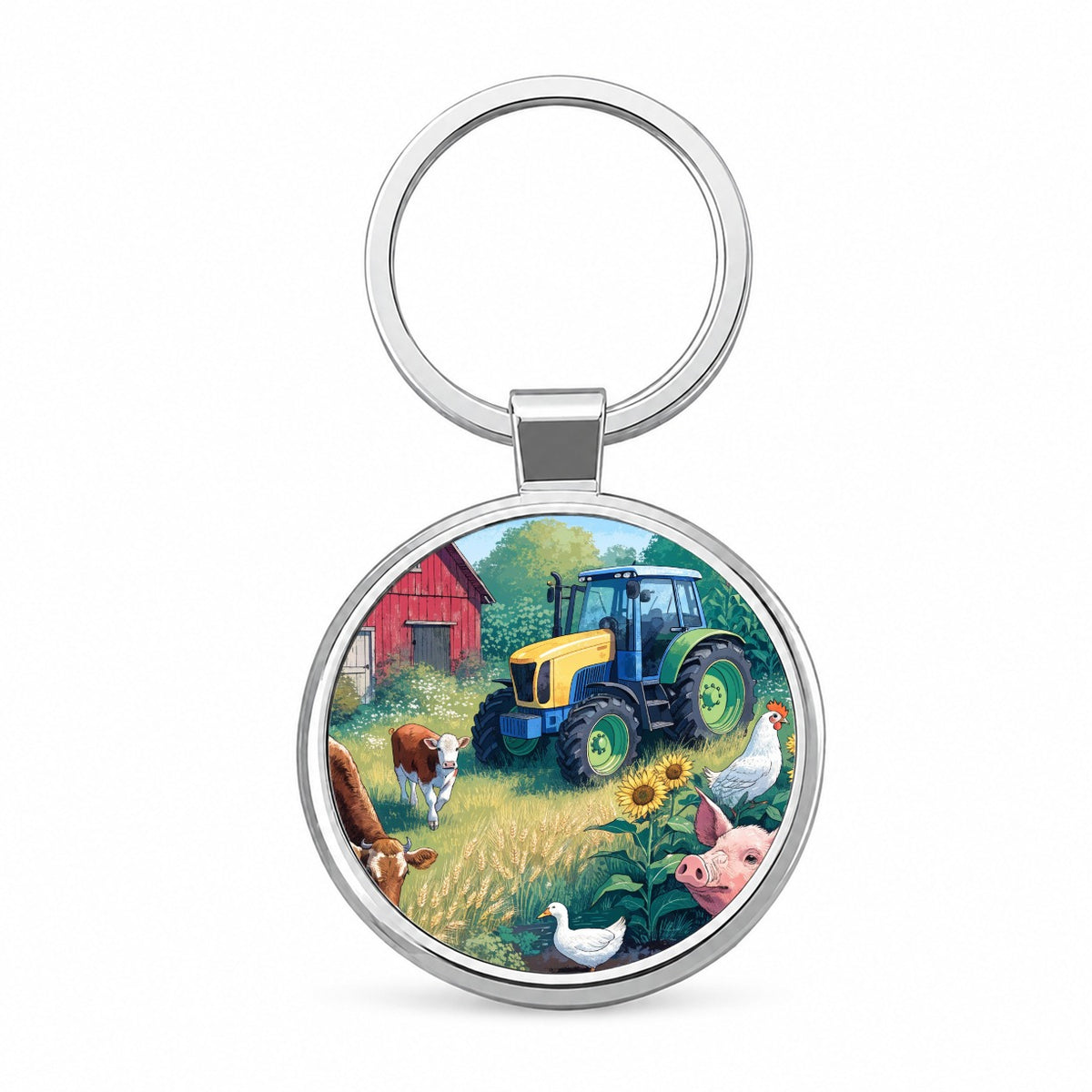 Farmer Tractor Farm Round Metal Keychain
