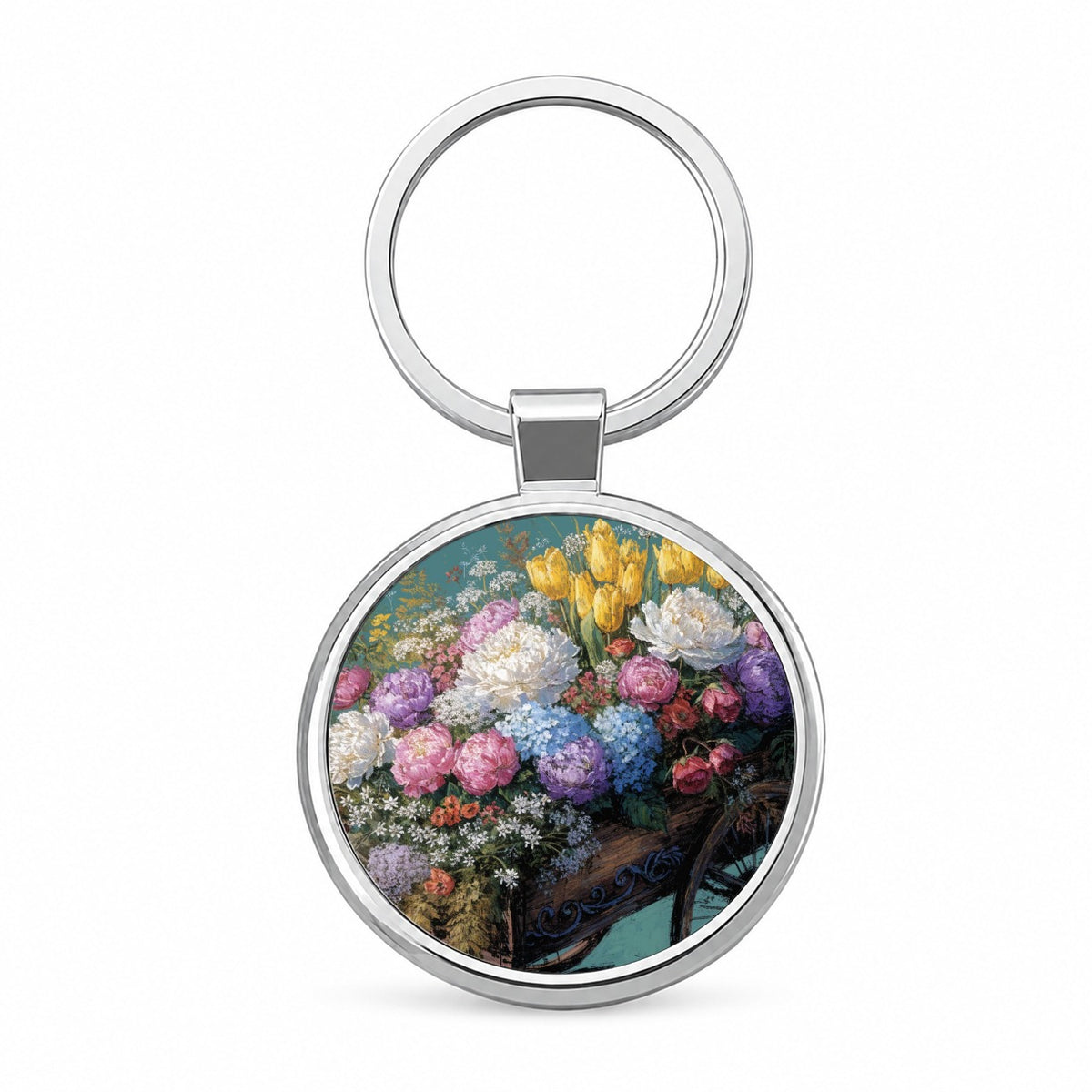 Flower Cart Overflowing Round Metal Keychain