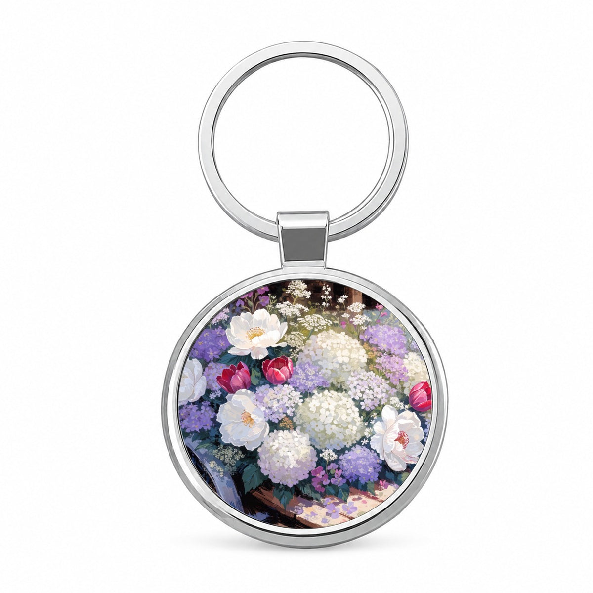 Flower Shop Garden Cart Round Metal Keychain
