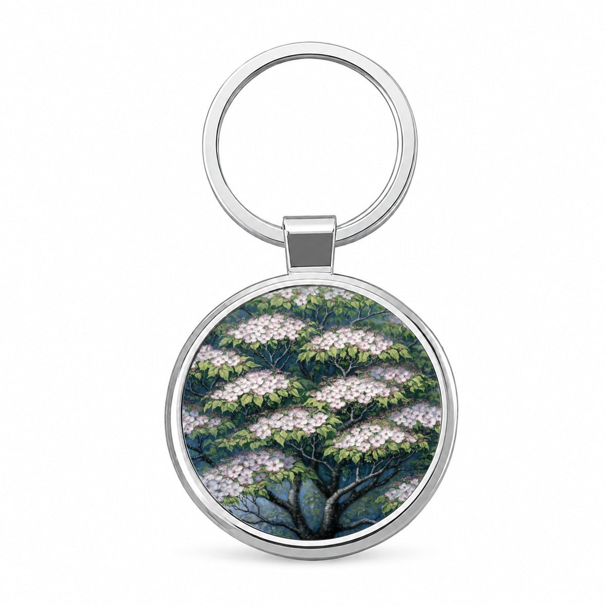 Flowering Dogwood Tree Round Metal Keychain