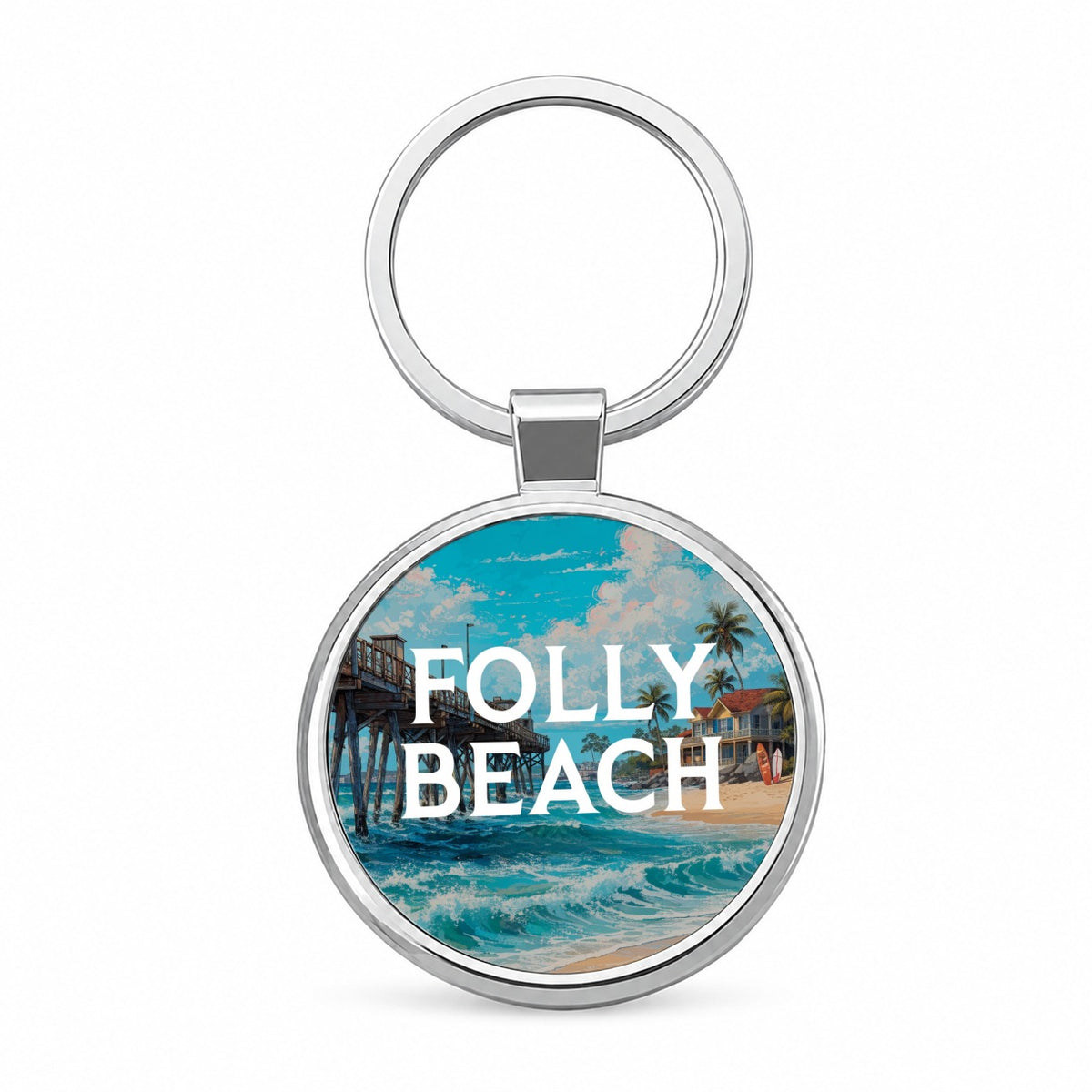 Folly Beach South Carolina Travel Round Metal Keychain