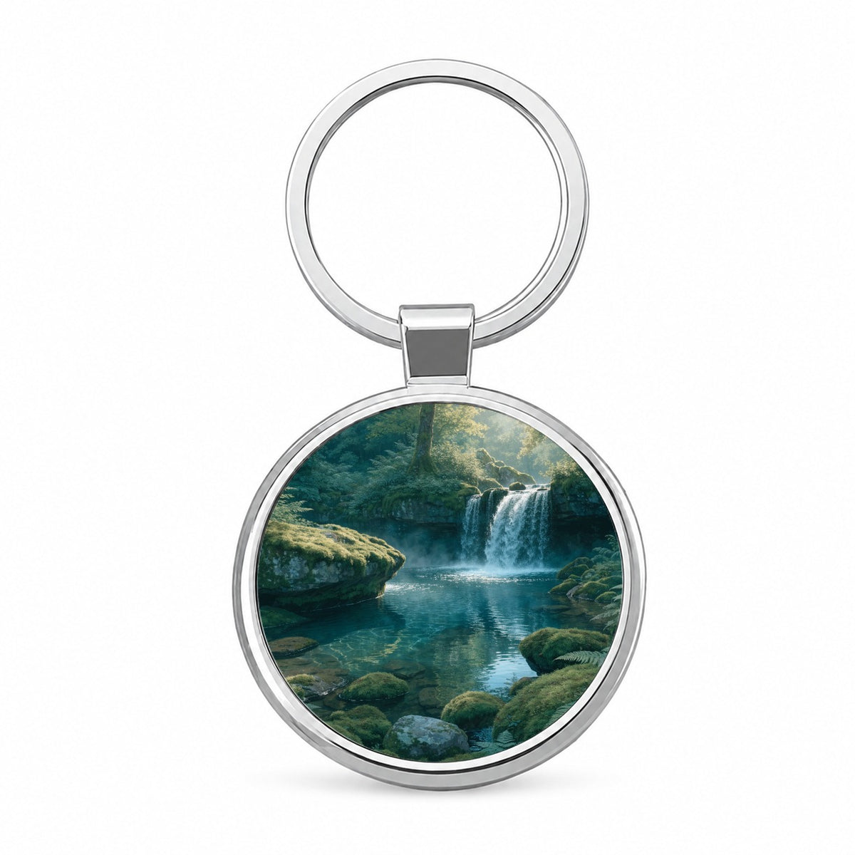 Forest Waterfall Landscape Round Metal Keychain