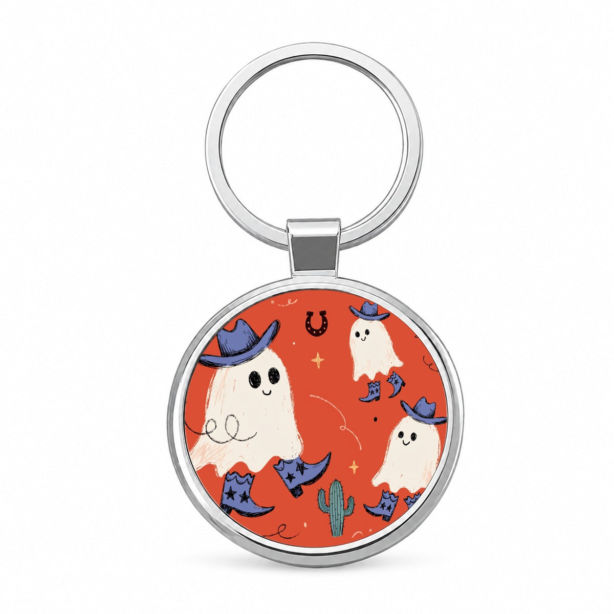 Friendly Ghosts Cowboys Halloween Round Metal Keychain