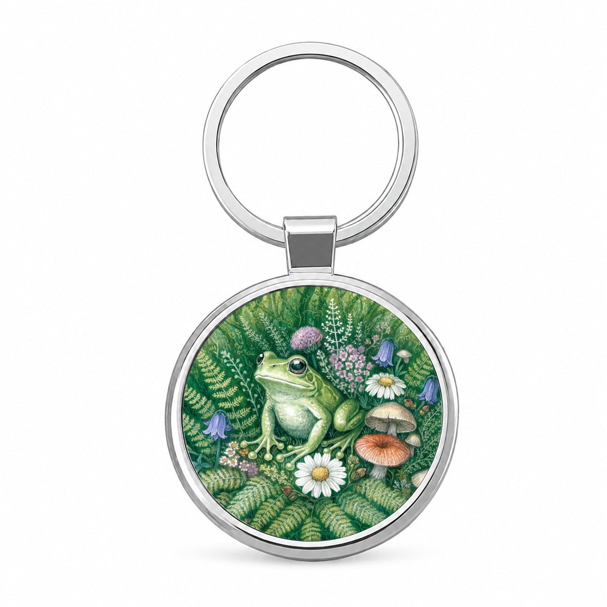 Frog Wildflower Garden Round Metal Keychain