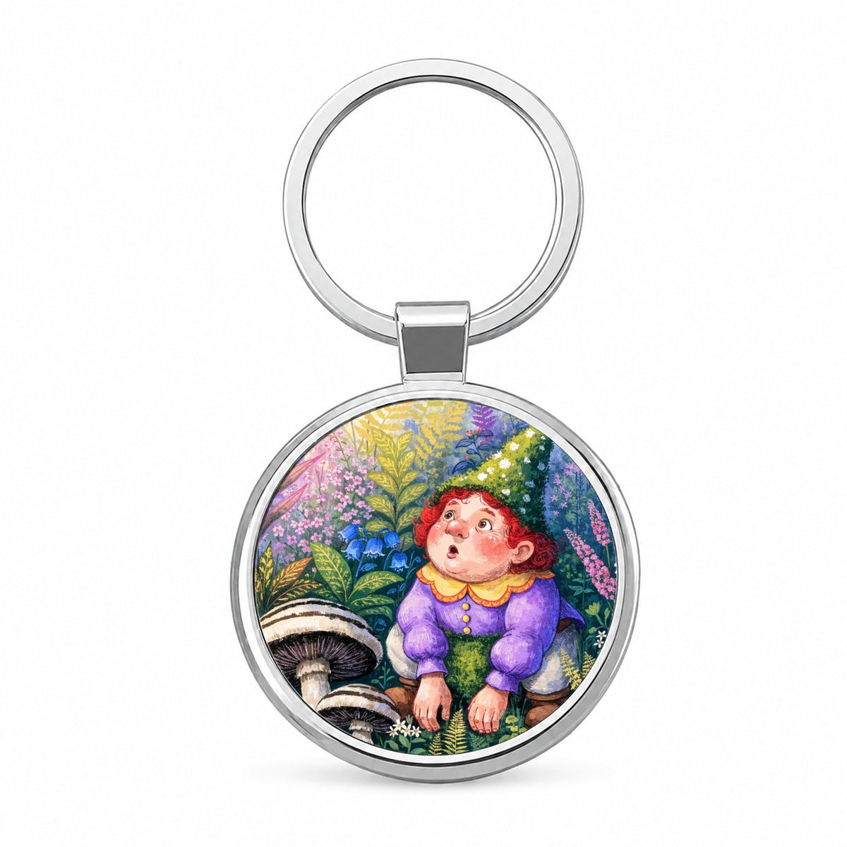 Garden Gnome Flowers Round Metal Keychain