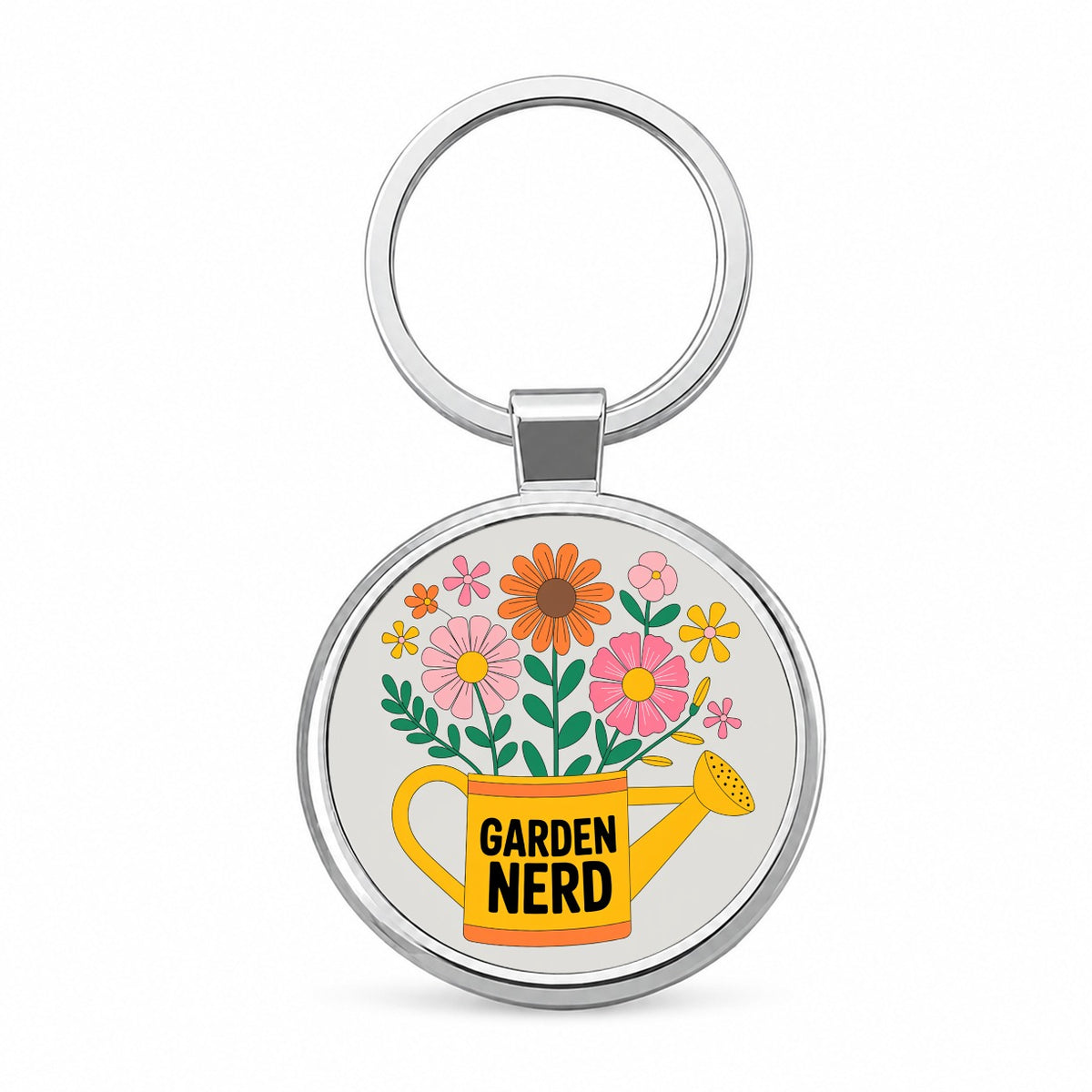 Garden Nerd Watering Can Flowers Round Metal Keychain