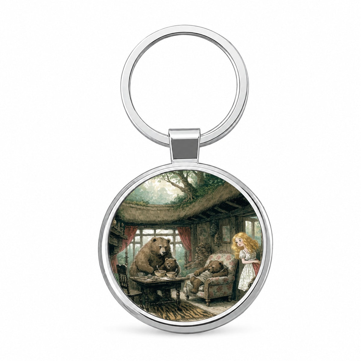 Goldilocks Three Bears Round Metal Keychain